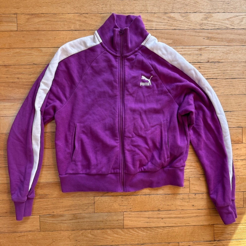 Puma Womens Purple Track Jacket Full Zip White Stripe‎ Sweatshirt Size M